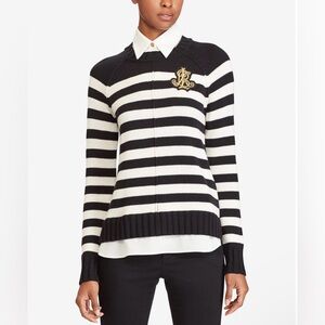 Ralph Lauren Black White Striped Crest Sweater Preppy Knit Pullover
